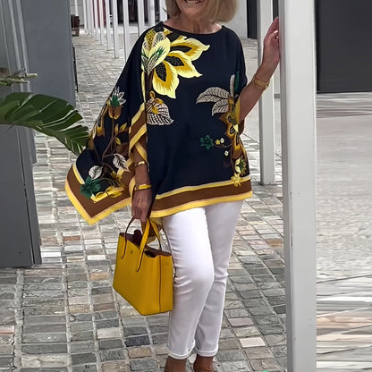 Women's Tunic Blouse - Woven - Relaxed Fit - Batwing Sleeves - Floral Print