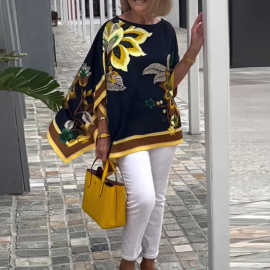 Women's Tunic Blouse - Woven - Relaxed Fit - Batwing Sleeves - Floral Print