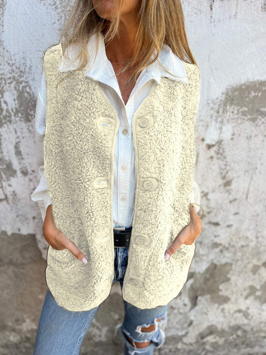 Women’s Vest – Shearling Fleece – Relaxed Fit – Button Front – Casual Layer