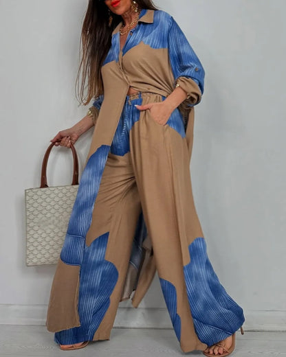 Women’s Two-Piece Set – Button-Down Tunic Shirt – Wide-Leg Pants – Oversized Fit