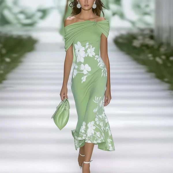 Women’s Midi Dress – Fitted Silhouette – Off Shoulder Draped Sleeves – Floral Print