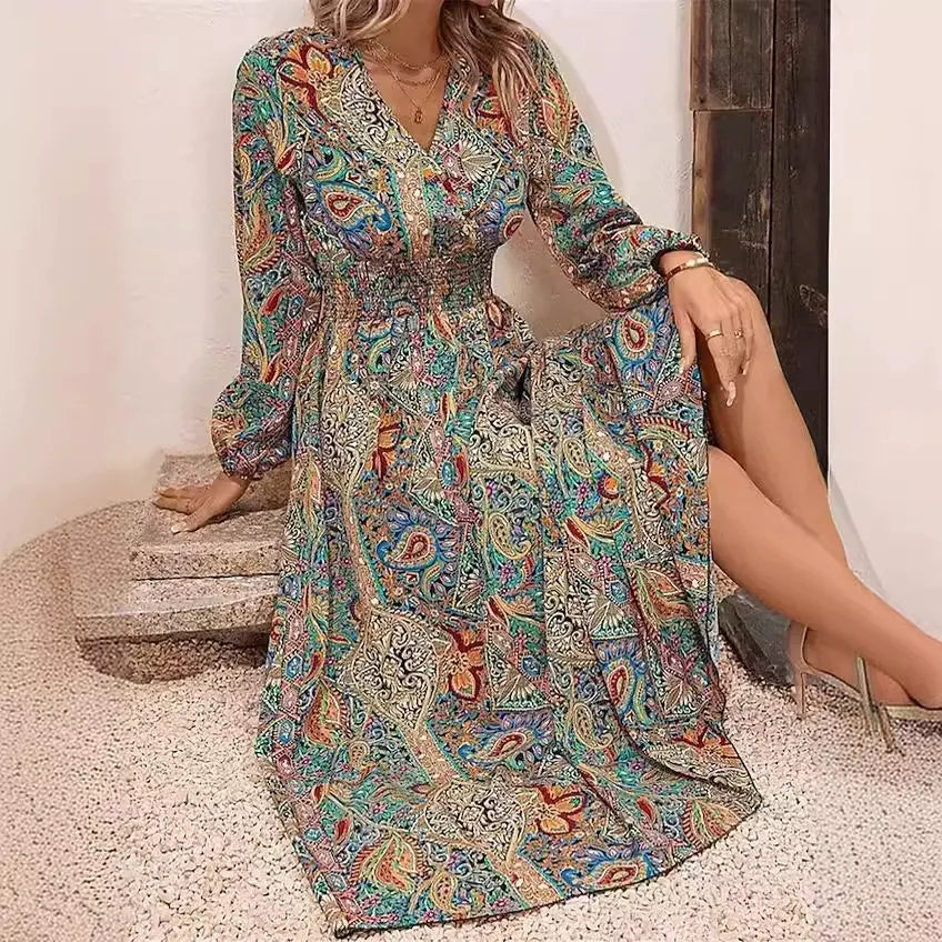 Women’s Maxi Dress – Cotton Feel – Relaxed Fit – V-Neck – Ruched Waist – Printed
