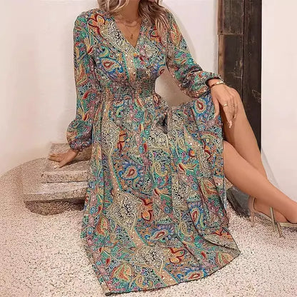 Women’s Maxi Dress – Cotton Feel – Relaxed Fit – V-Neck – Ruched Waist – Printed