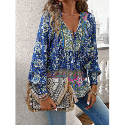 Women’s Blouse – Flowy Fit – Bohemian Print – V-Neck with Tie – Long Puff Sleeves