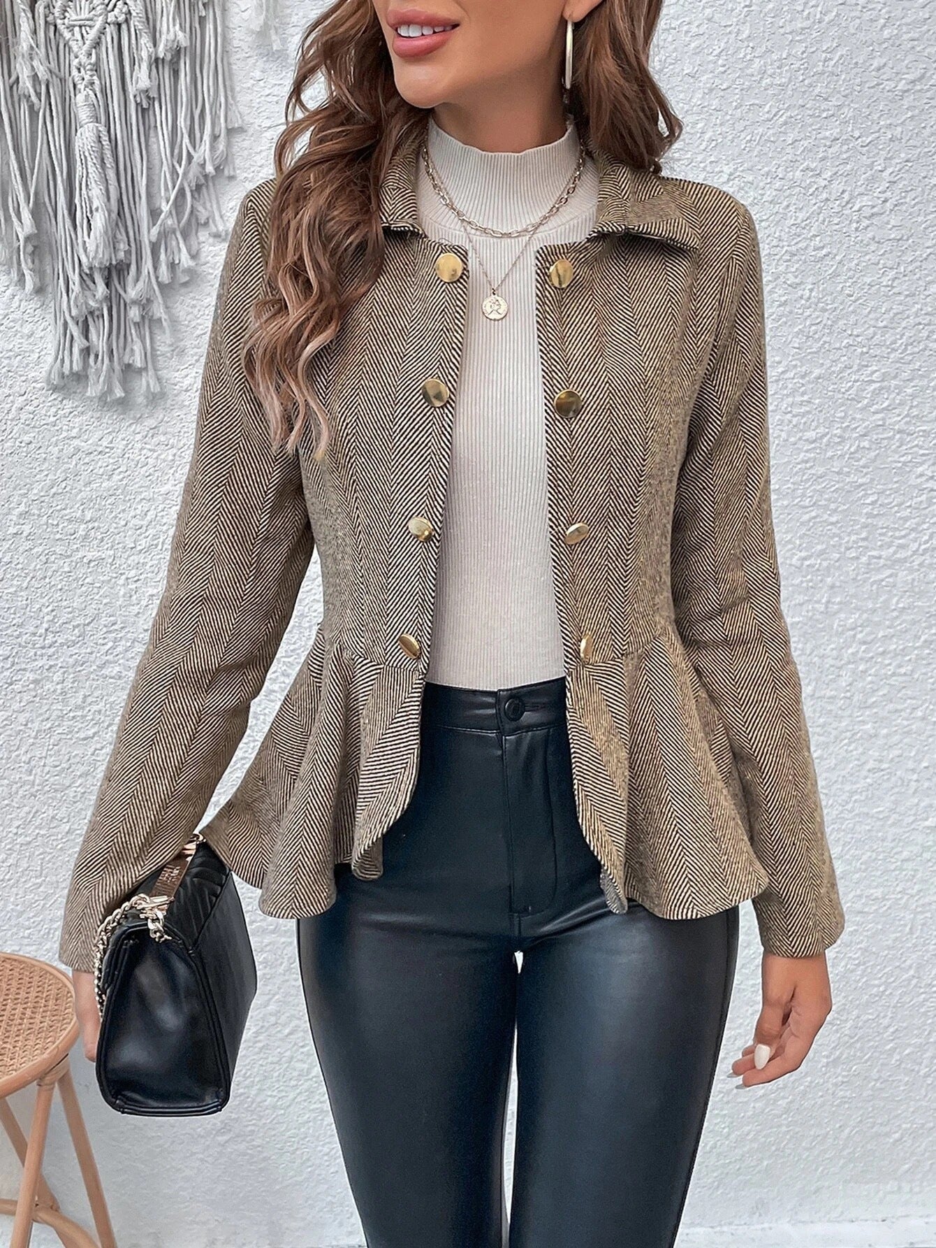 Women’s Suit Jacket – Slim Fit – Jacquard – Double-Breasted – Peplum Hem – Formal Wear