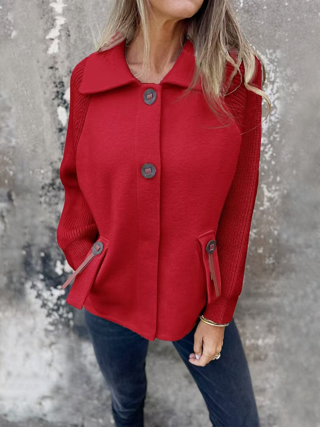 Women’s Jacket – Relaxed Fit – Wool Blend – Ribbed Sleeves – Wide Collar – Button Front