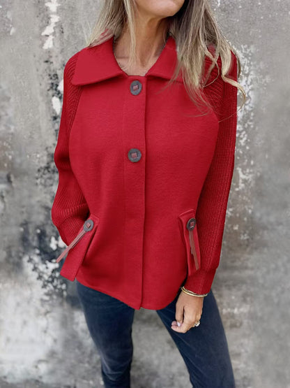 Women’s Jacket – Relaxed Fit – Wool Blend – Ribbed Sleeves – Wide Collar – Button Front