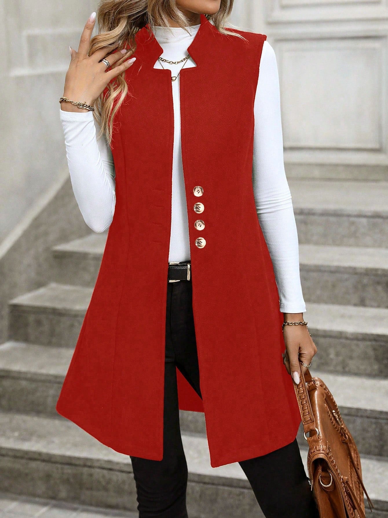 Women’s Sleeveless Jacket – Wool Blend – Tailored Fit – High Collar – Open Front
