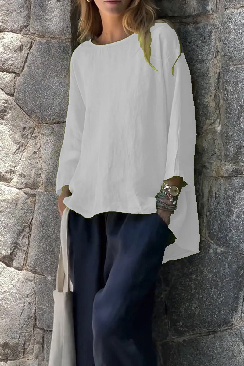 Women’s Casual Top - Cotton Linen - Relaxed Fit - Boat Neck - Asymmetrical Hem