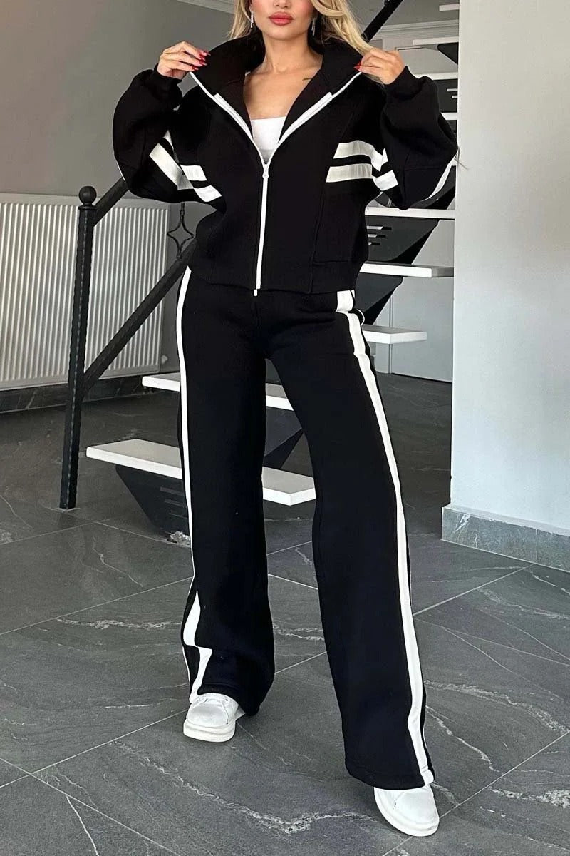 Women’s Jacket Set – Relaxed Fit – Cotton Blend – Striped Sleeve – Athleisure Wear