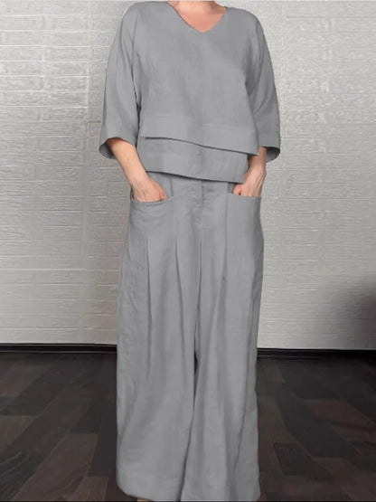 Women’s Two-Piece Set – Oversized V-Neck Top – Wide-Leg High-Waist Pants – Cotton Linen