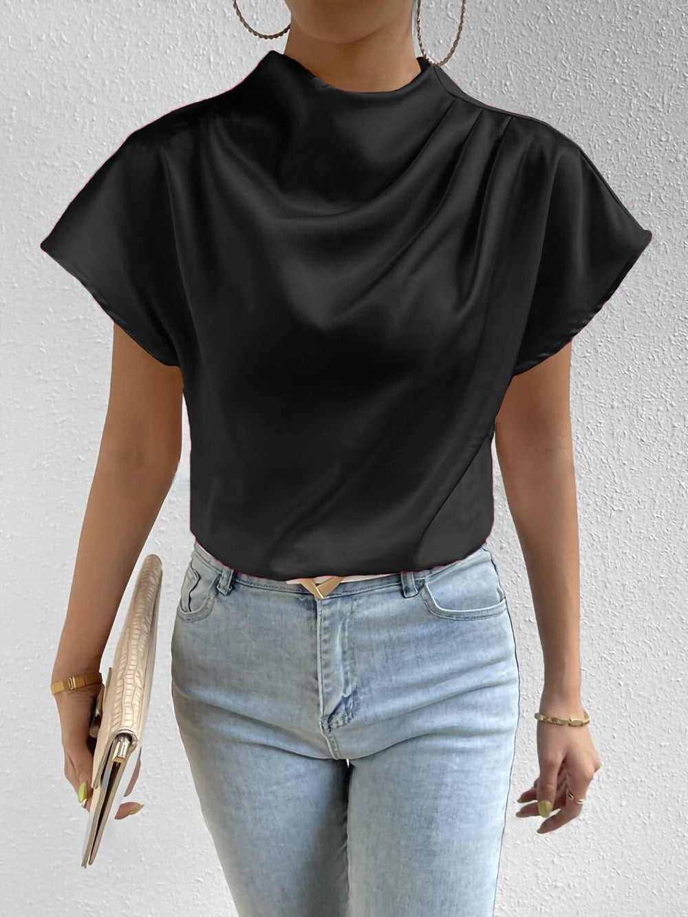 Women’s Pullover Shirt – Silk – Half-High Collar – Flared Sleeve – Relaxed Fit