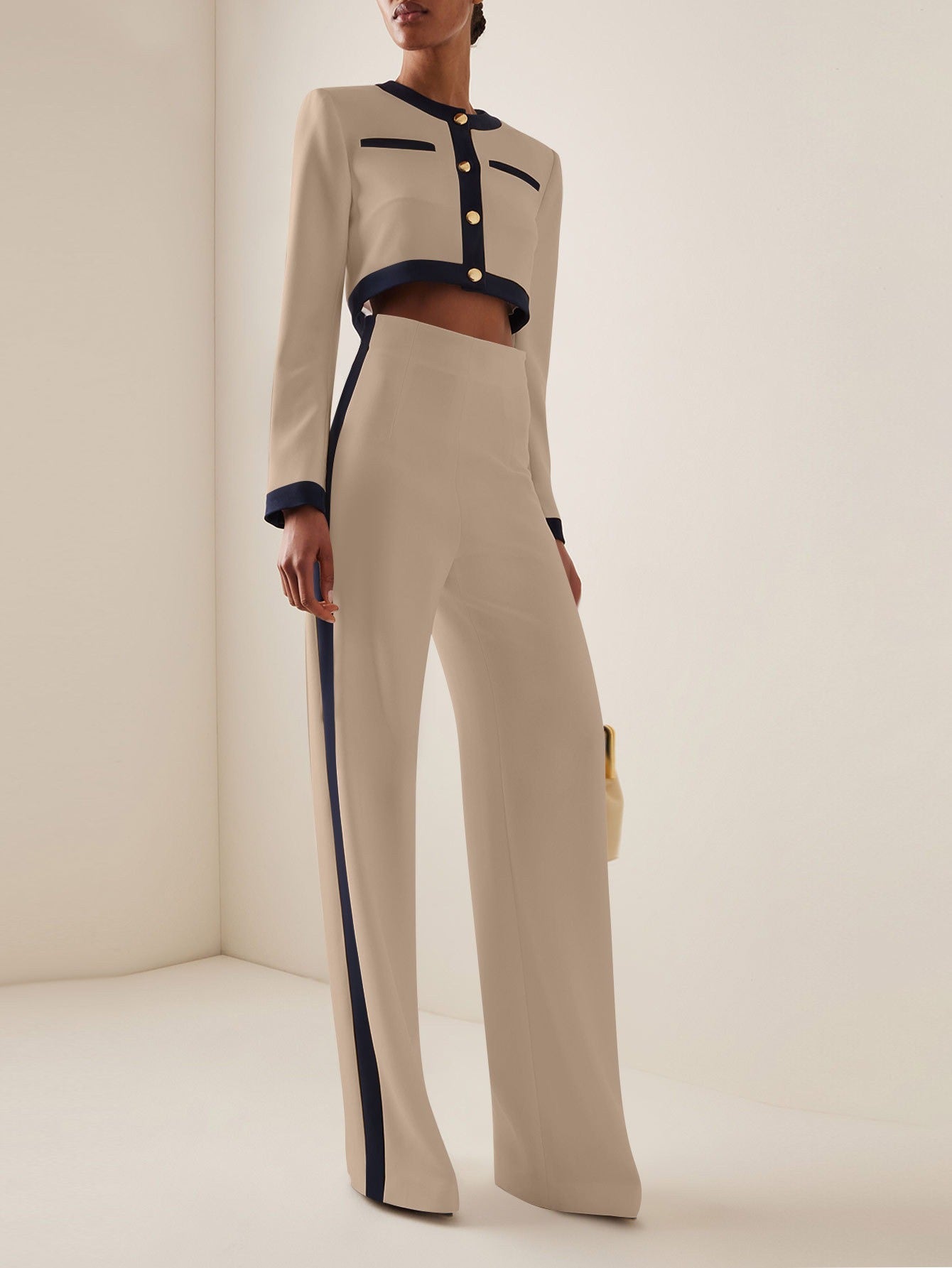 Women’s Pantsuit Set – Cropped Blazer – High Waist Wide Leg – Contrast Trim – Tailored Fit