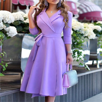 Women’s Midi Dress – Fit and Flare – V-Neck Lapel – Belted Waist – Mid Sleeve