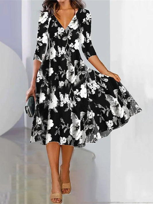 Women’s Midi Dress – V-Neck – A-Line Fit – Three-Quarter Sleeve – Breathable Cotton