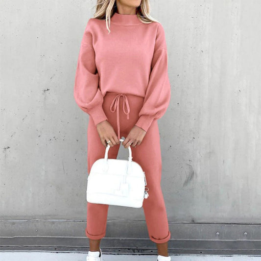 Women’s Lounge Set – Cotton Knit – Relaxed Fit Top – Tapered Ankle Pants