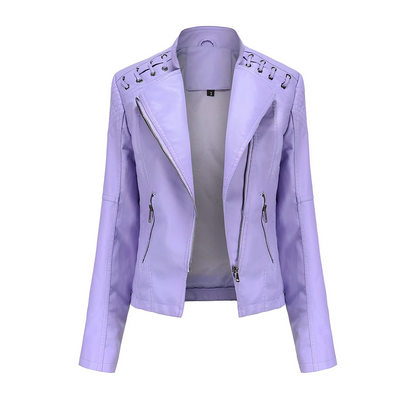 Women’s Leather Jacket – Tailored Fit – Asymmetrical Zip – Quilted Shoulders – Full Length Sleeves