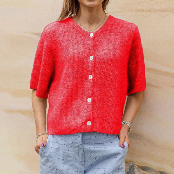 Women’s Cardigan – Wool Knit – Cropped Fit – Short Sleeve – Button Front Casual Layer
