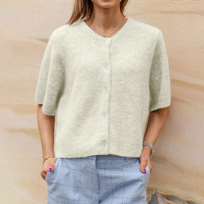 Women’s Cardigan – Wool Knit – Cropped Fit – Short Sleeve – Button Front Casual Layer