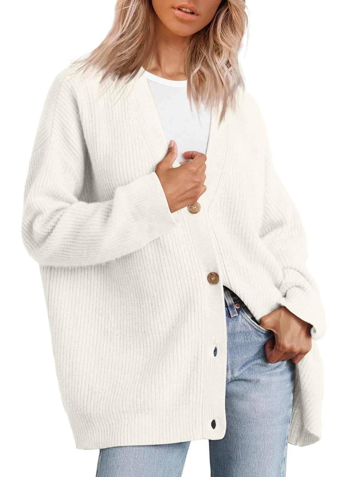 Women’s Cardigan – Oversized Fit – Ribbed Knit – Button Front V-Neck – Casual Layering