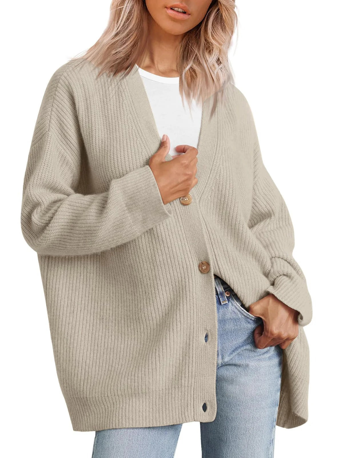 Women’s Cardigan – Oversized Fit – Ribbed Knit – Button Front V-Neck – Casual Layering