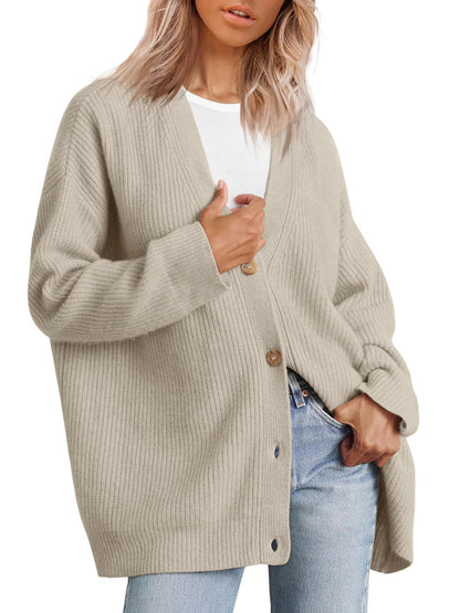 Women’s Cardigan – Oversized Fit – Ribbed Knit – Button Front V-Neck – Casual Layering