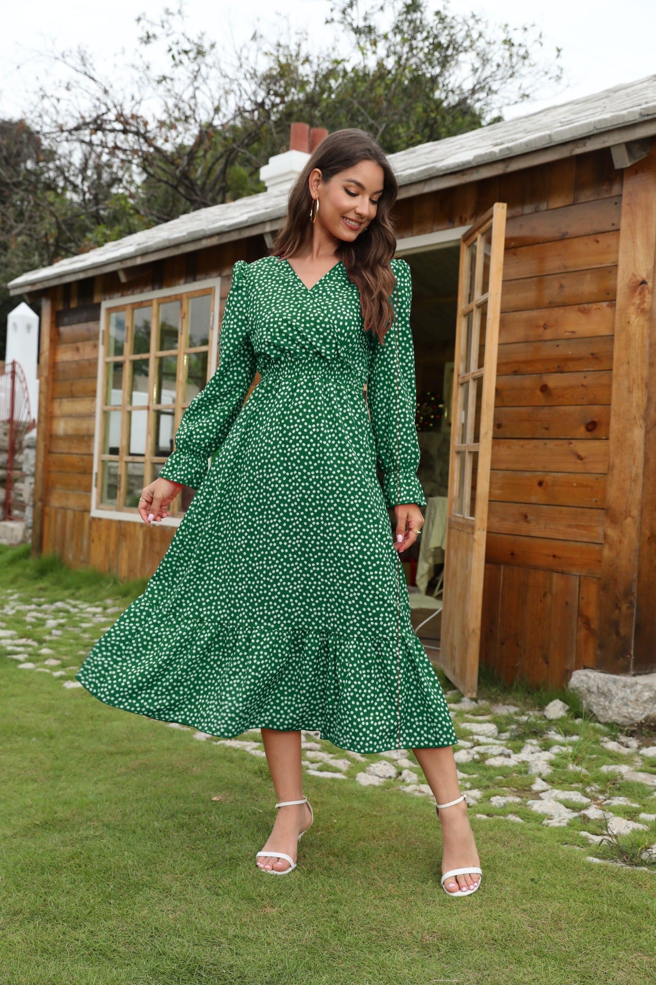 Women’s Midi Dress – V-Neck – Long Sleeve – Flared Skirt – Cotton Feel – Polka Dot