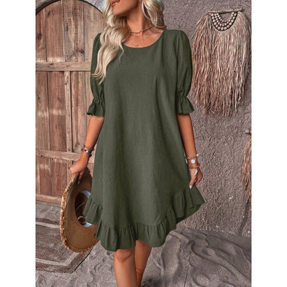 Women’s A-Line Dress – Cotton Linen – Knee Length – Ruffle Trim – Relaxed Fit