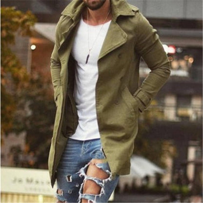Men’s Mid-Length Coat – Slim Fit – Cotton Blend – Double-Breasted Notched Lapel