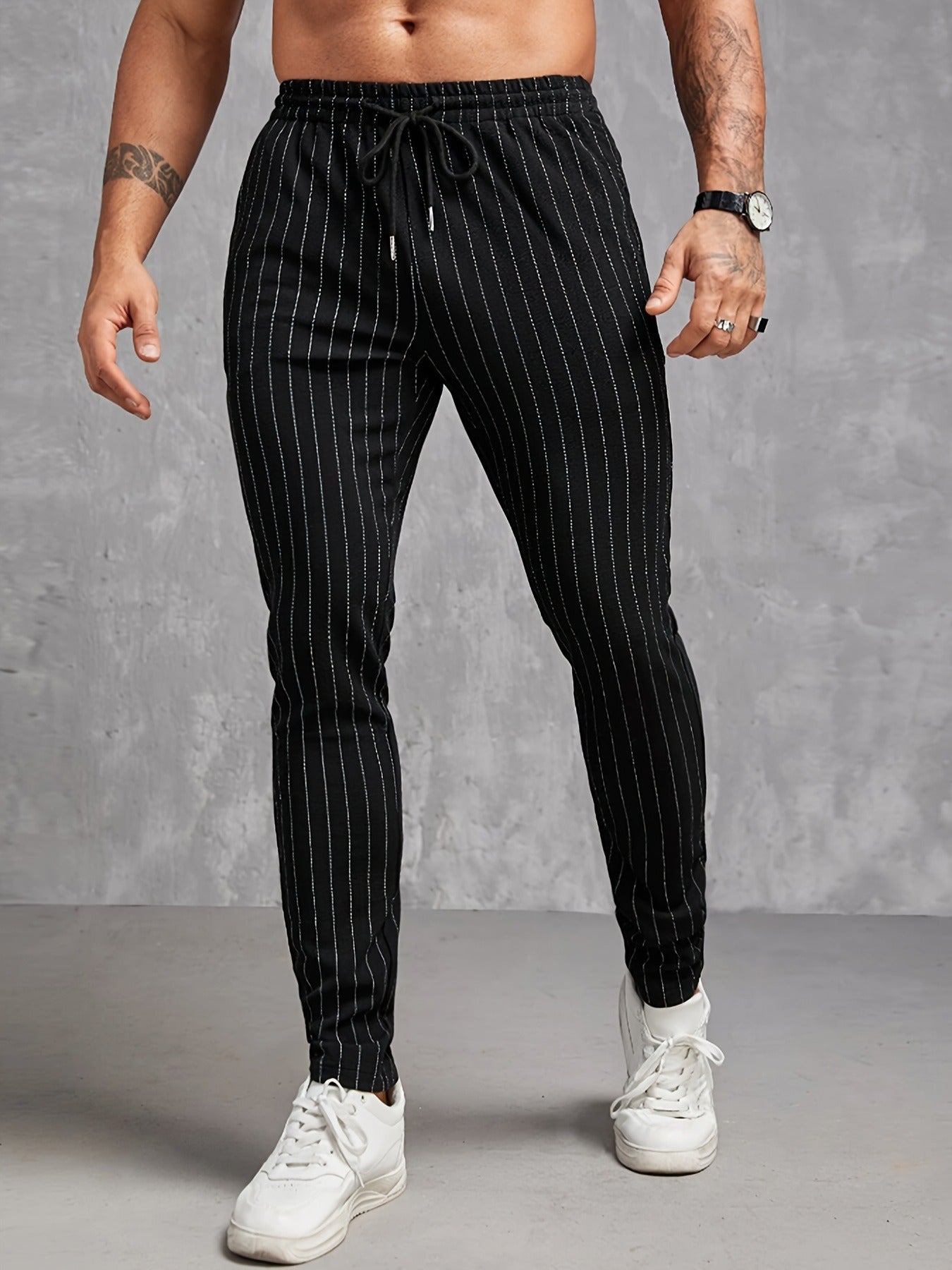 Men’s Trousers – Slim Fit – Cotton Blend – Elastic Waist – Drawstring – Pinstripe
