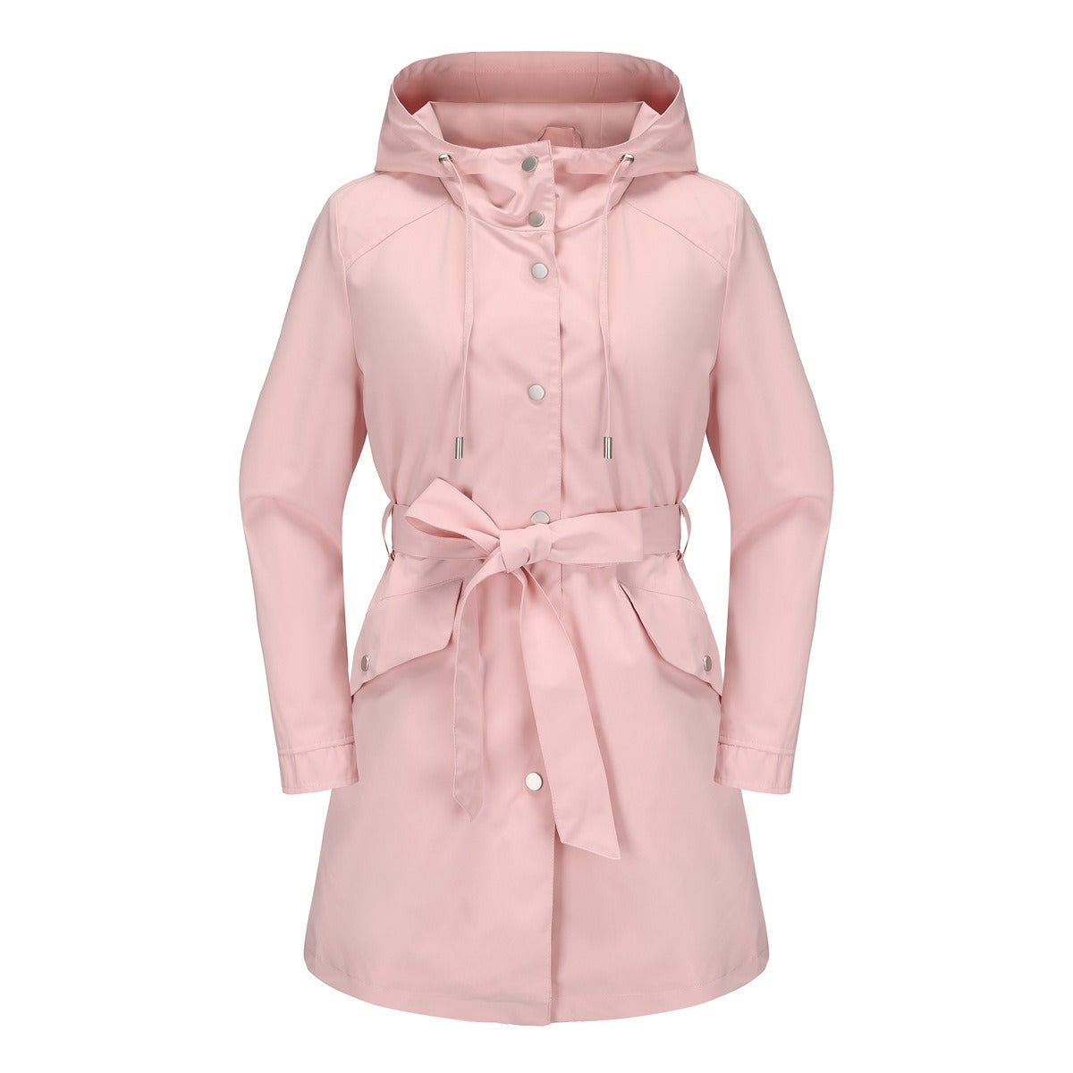 Women’s Windbreaker Jacket – Water-Repellent – Hooded – Belted Waist – Mid-Thigh Length