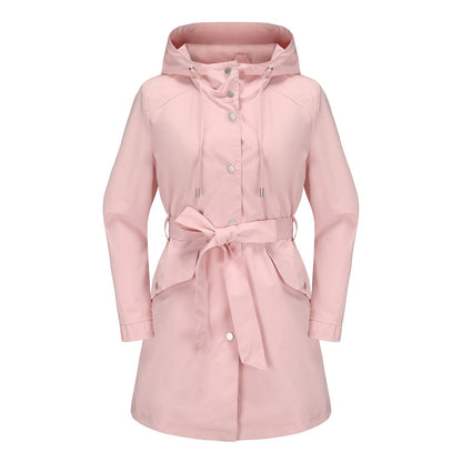 Women’s Windbreaker Jacket – Water-Repellent – Hooded – Belted Waist – Mid-Thigh Length