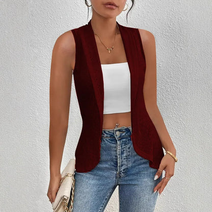 Women’s Vest – Slim Fit – Jacquard Texture – Cropped Open Front Sleeveless Layer