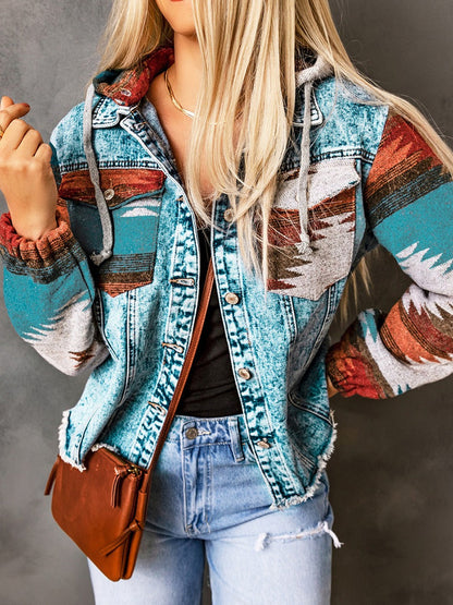 Women’s Denim Jacket – Relaxed Fit – Patterned Sleeves – Hooded – Frayed Hem