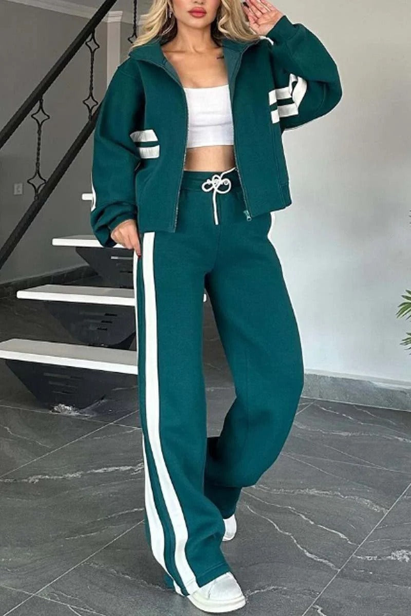 Women’s Jacket Set – Relaxed Fit – Cotton Blend – Striped Sleeve – Athleisure Wear