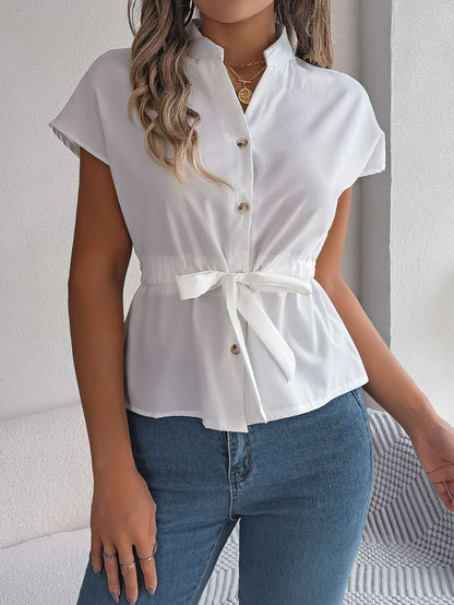 Women’s Short Sleeve Shirt – Relaxed Fit – V-Neck – Waist Tie – Button Front Cotton
