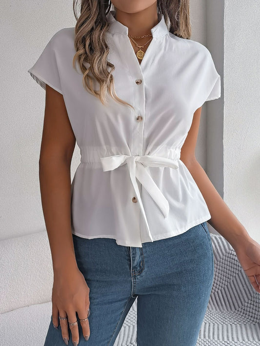 Women’s Short Sleeve Shirt – Relaxed Fit – V-Neck – Waist Tie – Button Front Cotton