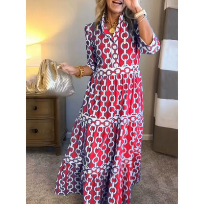 Women’s Maxi Dress - Woven Fabric - V-Neck - Three-Quarter Sleeve - Button Front