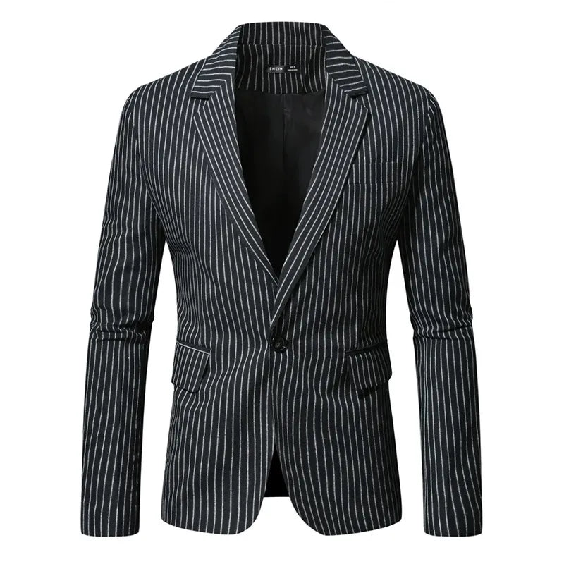 Men’s Blazer – Slim Fit – Vertical Stripe – Notched Lapel – Single Button – Wool Blend