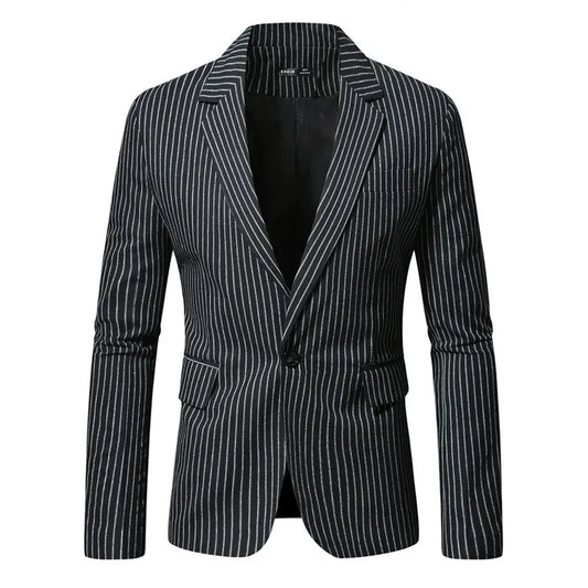 Men’s Blazer – Slim Fit – Vertical Stripe – Notched Lapel – Single Button – Wool Blend