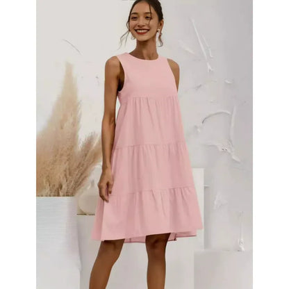 Women’s Sleeveless Dress – Cotton Blend – Loose Fit – Tiered Ruffle Midi Length