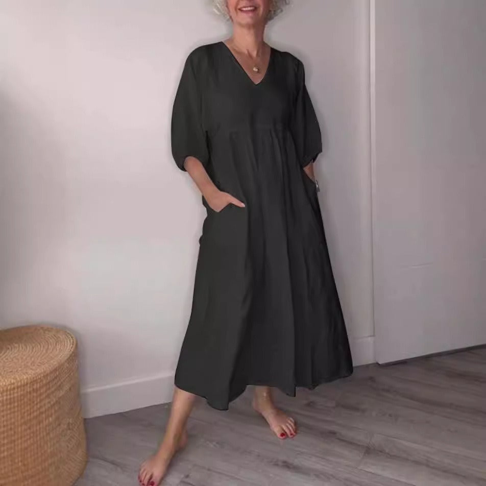 Women’s Midi Dress – Cotton Linen – Relaxed Fit – Deep V-Neck – Pockets – Cuffed Sleeves