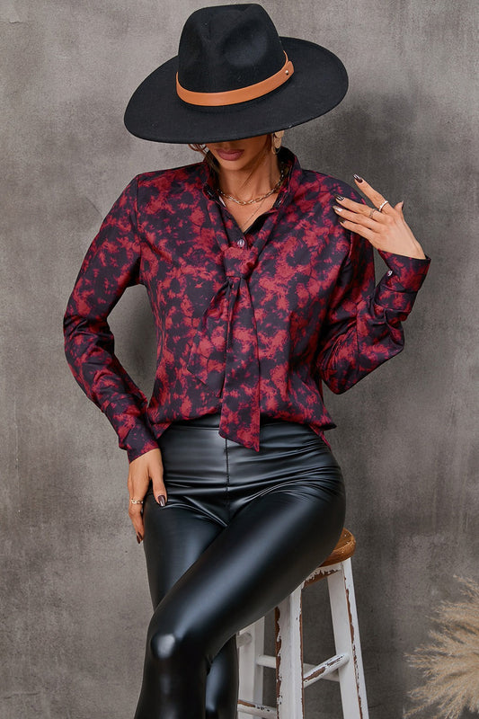 Women’s Long Sleeve Shirt – Tailored Fit – Tie Neck – Abstract Print – Button Cuffs