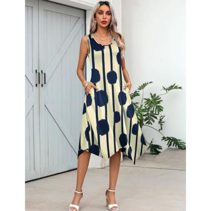 Women’s Midi Dress – Cotton Blend – A-Line Fit – Sleeveless – Abstract Print Hem