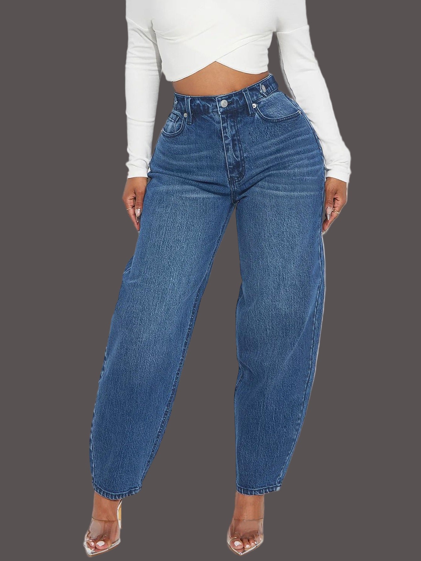 Women’s Jeans – High Waist – Relaxed Tapered Leg – Washed Denim