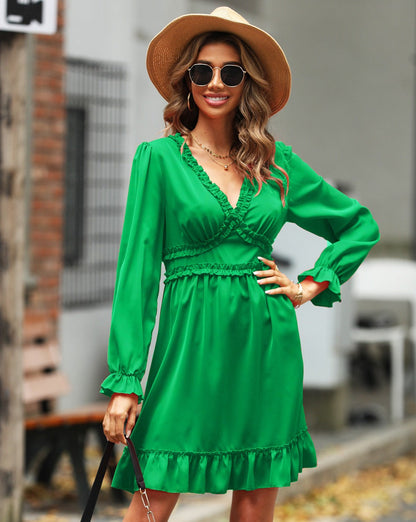 Women’s A-Line Dress – Ruffled V-Neck – Long Sleeve – High Waist Flattering Fit