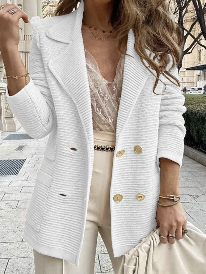 Women’s Jacket Coat – Tailored Fit – Ribbed Texture – Double-Breasted – Lapel Collar