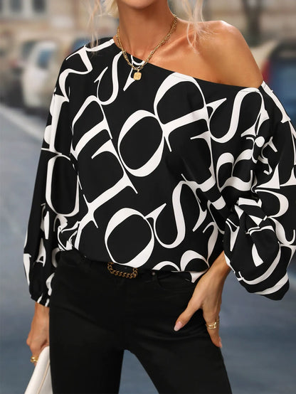 Women’s One-Shoulder Top – Loose Fit – Lantern Sleeve – Bold Graphic Print