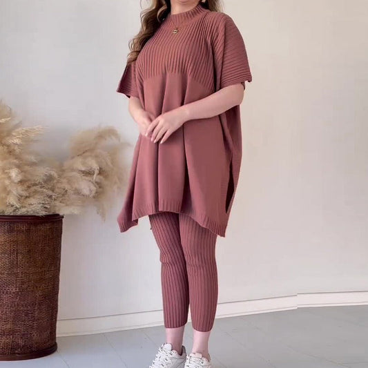 Women’s Two-Piece Knit Set – Oversized Tunic Top with Mock Neck – Ribbed Cropped Pants