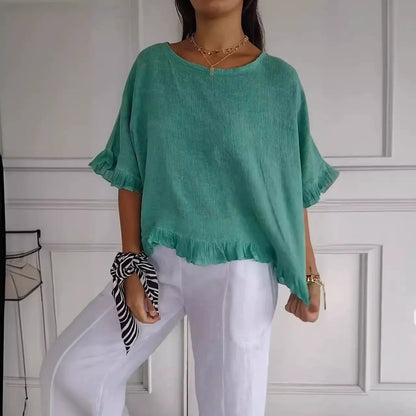 Women’s Blouse – Loose Fit – Cotton Blend – Short Dolman Sleeves – Ruffle Hem